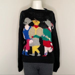80s Hand knit sweater with 3 figures, Midnight Blues